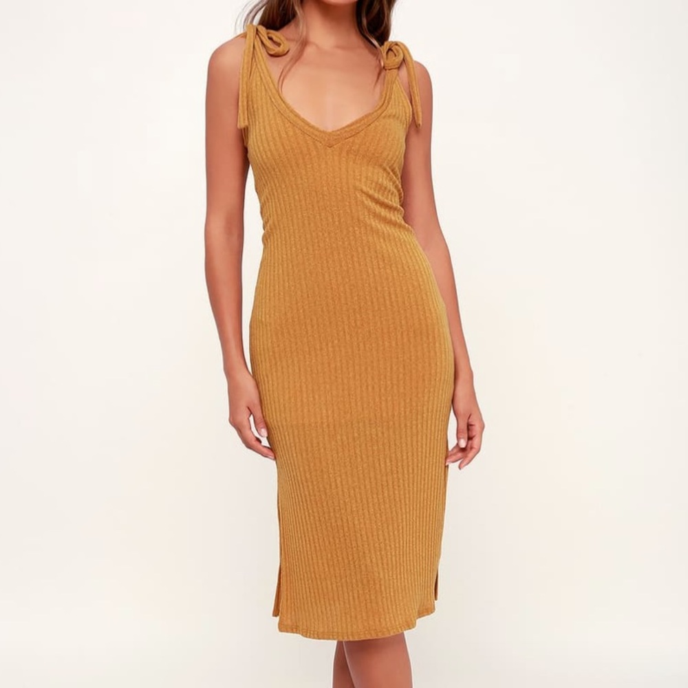Lulu’s Mustard Yellow Tie-Strap Ribbed Knit Midi Dress